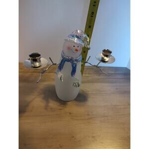 Snowman Glass W/Silver Tone Candle Holders Arms 8.5" Tall, Blue Scarf & Hat
